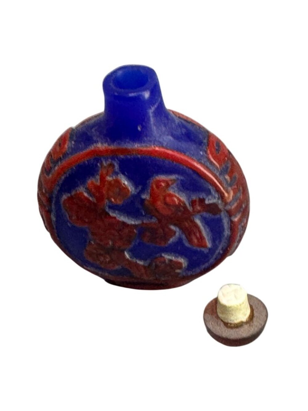 Chinese Snuff Bottle Blue Red Porcelain Relief Bird Floral 2.5" - Picture 9 of 10